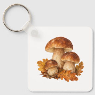 Mushrooms and Fallen Oak Leaves Key Ring