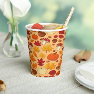 Mushrooms and Falling Leaves Enchanted Autumn Paper Cups