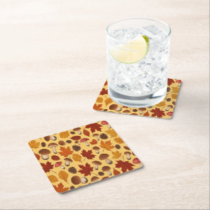 Mushrooms and Falling Leaves Enchanted Autumn Square Paper Coaster