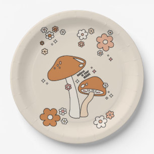 Mushrooms And Flowers Earth Tones Beige Retro 70s Paper Plate