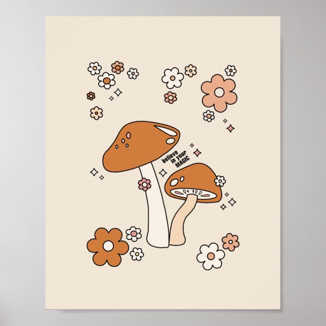 Mushrooms And Flowers Earth Tones Beige Retro 70s Poster (Front)
