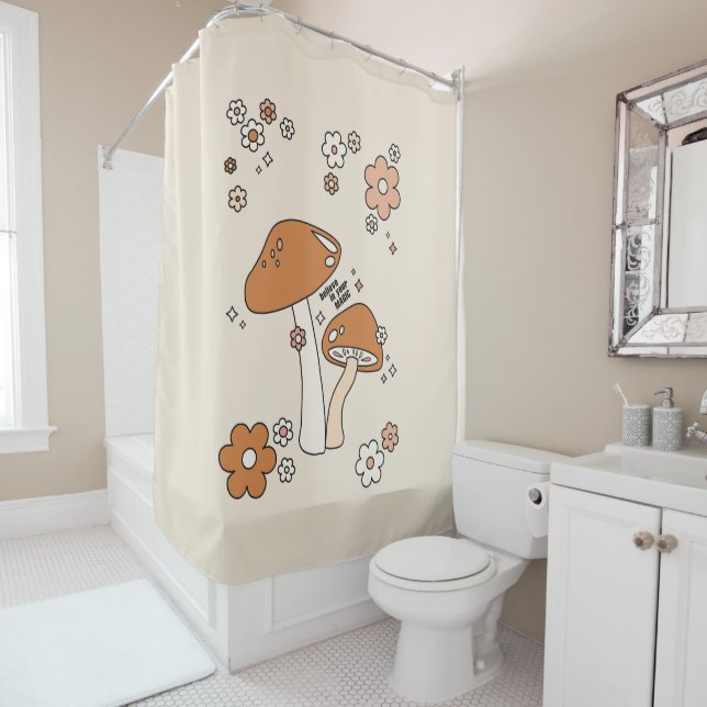 Mushrooms And Flowers Earth Tones Beige Retro 70s Shower Curtain (In Situ)