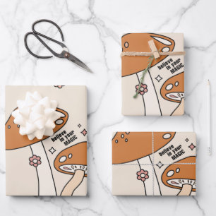 Mushrooms And Flowers Earth Tones Beige Retro 70s Wrapping Paper Sheet