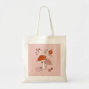Mushrooms And Flowers Peach Art Retro 70s Tote Bag