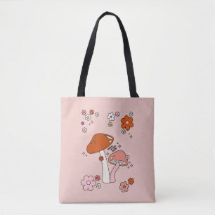 Mushrooms And Flowers Peach Art Retro 70s Tote Bag