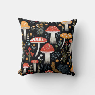 Mushrooms and Foliage on Black Background 2 Cushion