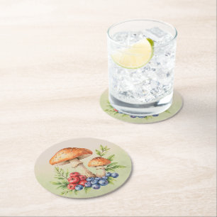 Mushrooms and Fruit Berries Round Paper Coaster