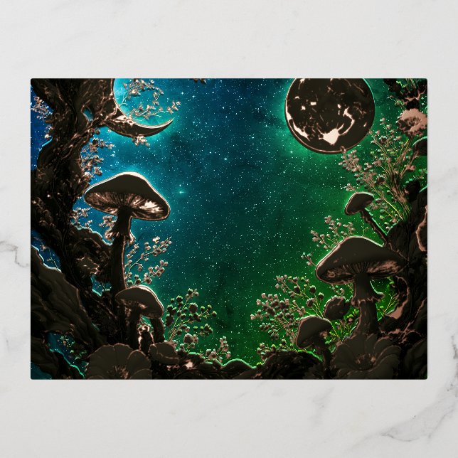 Mushrooms and Moons Teal Blue Fairycore Foil Holiday Postcard (Front)