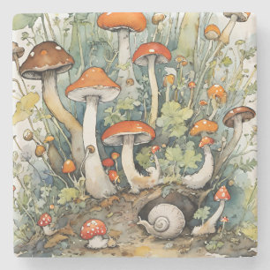Mushrooms and Snails nature lovers mushroom art    Stone Coaster