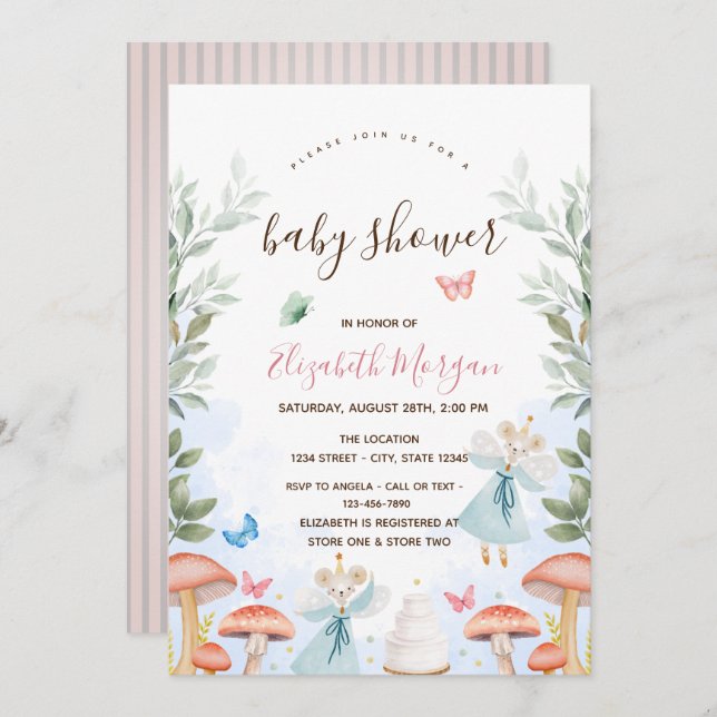 Mushrooms,Baby Mouses Pink Stripes Baby Shower   Invitation (Front/Back)