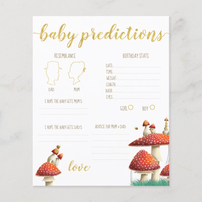 Mushrooms & bees baby predictions guessing game (Front)