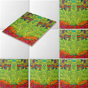 Mushrooms Bird Retro Art Nouveau Pattern by Voysey Ceramic Tile