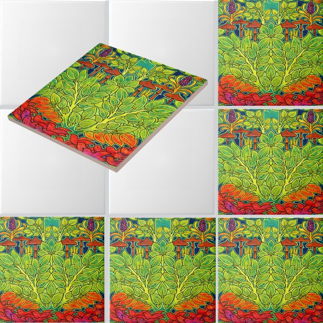 Mushrooms Bird Retro Art Nouveau Pattern by Voysey Ceramic Tile (Creator Uploaded)
