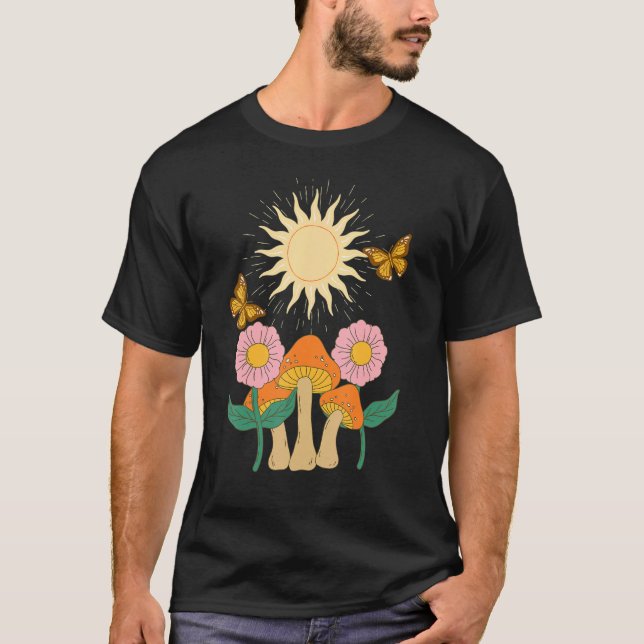 Mushrooms Butterflies and Flowers and Sun T-Shirt (Front)