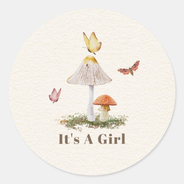 Mushrooms Butterflies Nature Girl Baby Shower Classic Round Sticker (Front)