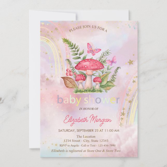 Mushrooms Butterflies Rainbow Floral Baby Shower Invitation (Front)