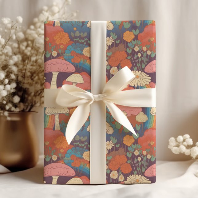 Mushrooms Cottagecore Orange Brown Retro Wrapping Paper (Retro mushrooms and daisies wrapping paper)