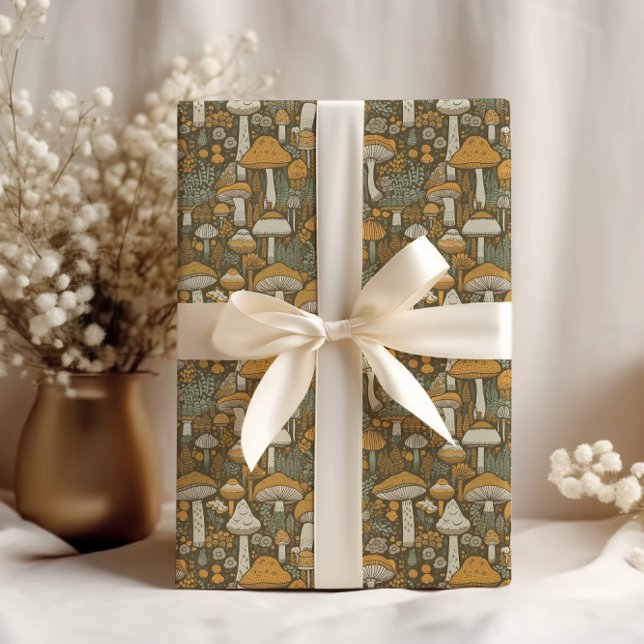Mushrooms Cottagecore Retro Brown Wrapping Paper (Mushroom gift wrapping paper)