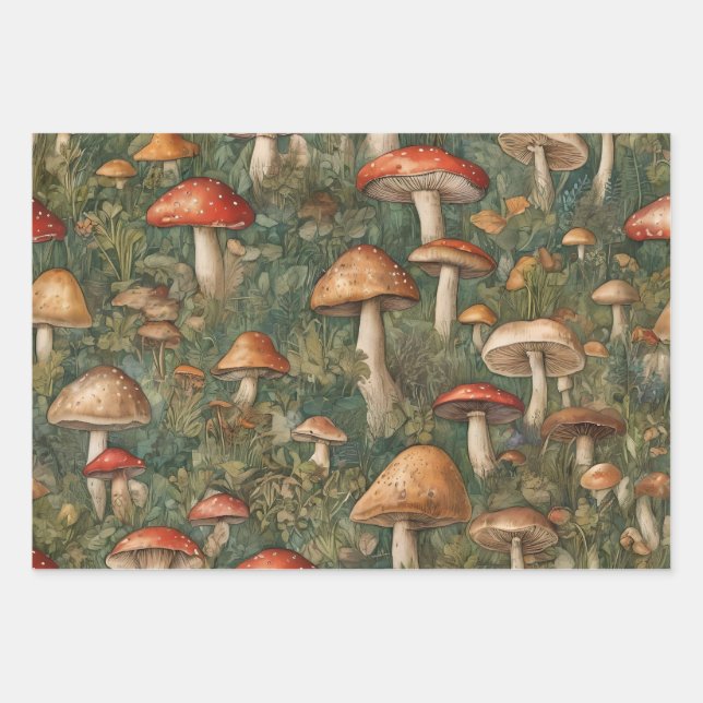 Mushrooms Cottagecore Wrapping Paper Sheet (Front)