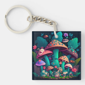 Mushrooms elfs  in the field   key ring