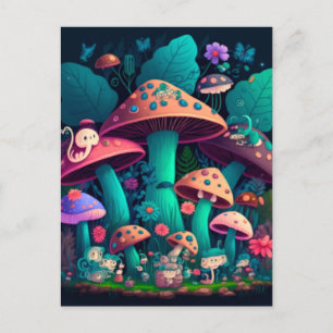 Mushrooms elfs  in the field    postcard