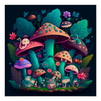 Mushrooms elfs in the field poster