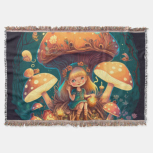 Mushrooms elfs  in the field    throw blanket