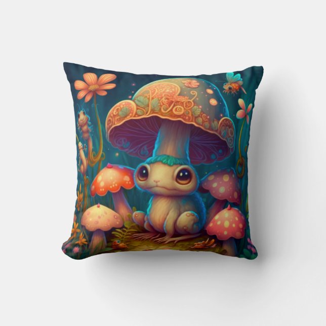 Mushrooms elfs  in the field throw pillow (Front)