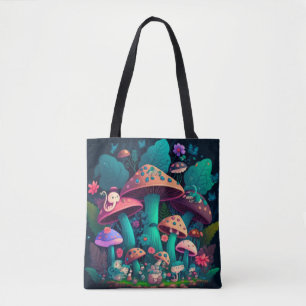 Mushrooms elfs  in the field     tote bag