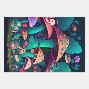 Mushrooms elfs  in the field    wrapping paper sheet