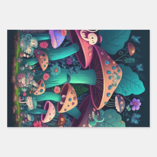Mushrooms elfs  in the field    wrapping paper sheet (Front)