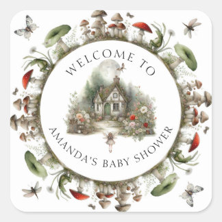 Mushrooms Fairy Floral Welcome Baby Girl Shower Square Sticker
