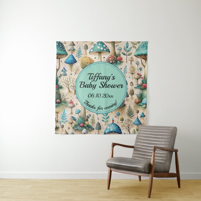Mushrooms Fairyland Baby Shower Welcome Backdrop Tapestry (In Situ)