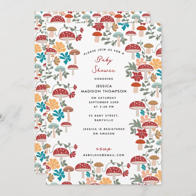Mushrooms & Floral Mid Century Baby Shower Invitation (Front/Back)