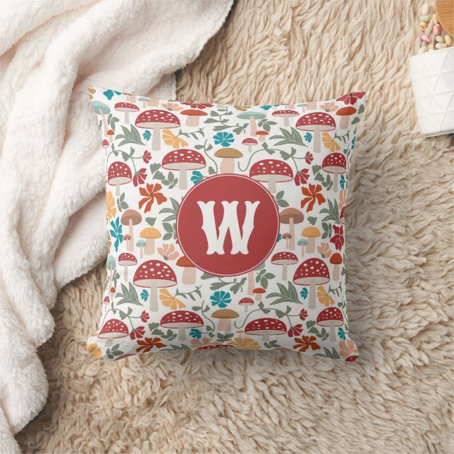 Mushrooms & Floral Mid Century Modern Monogram Cushion (Blanket)