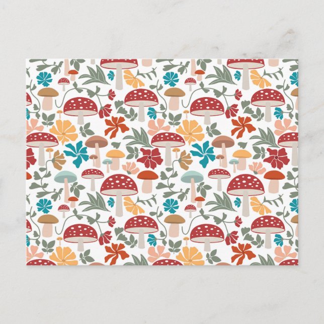 Mushrooms & Floral Mid Century Modern Pattern Holiday Postcard (Front)