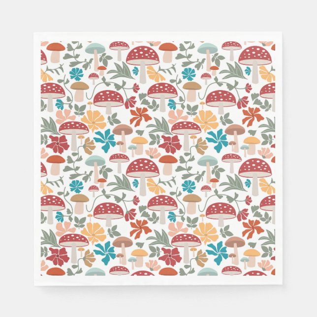 Mushrooms & Floral Mid Century Modern Pattern Napkin (Front)