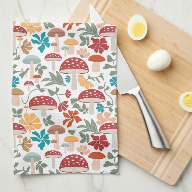 Mushrooms & Floral Mid Century Modern Pattern Tea Towel (Quarter Fold)
