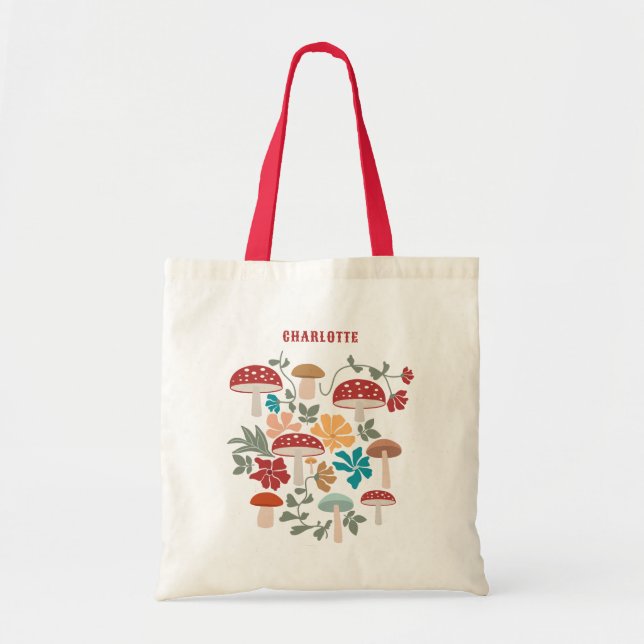 Mushrooms & Floral Mid Century Modern Pattern Tote Bag (Front)