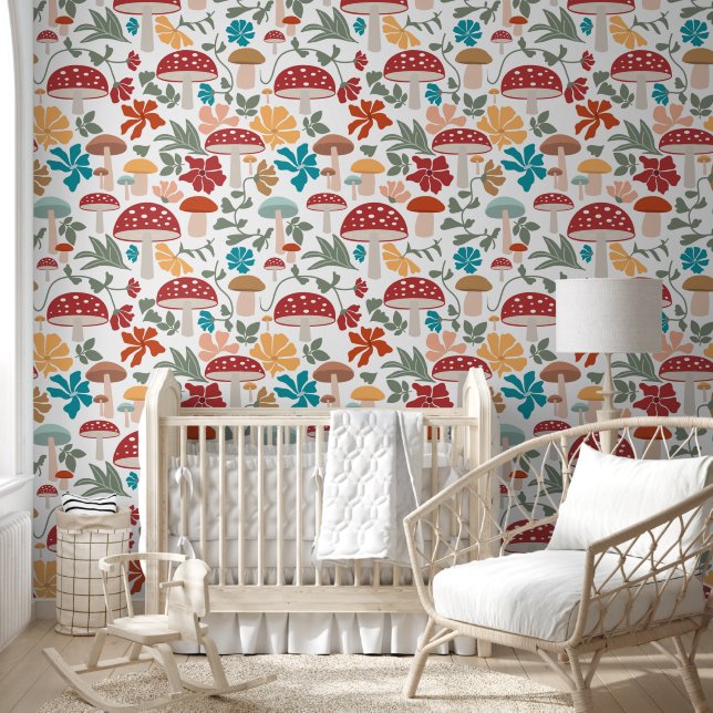 Mushrooms & Floral Mid Century Modern Pattern Wallpaper (Kids)