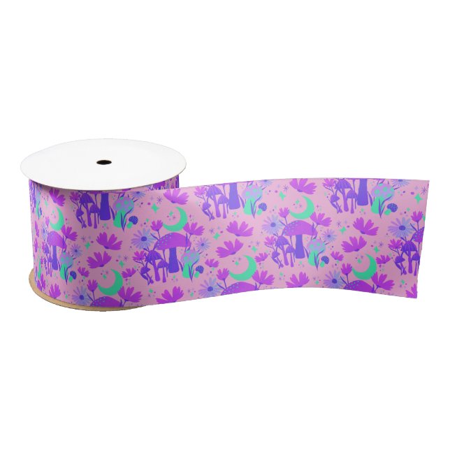Mushrooms & florals - lavender rose & purple  satin ribbon (Spool)