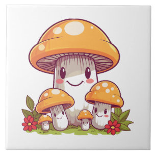 Mushrooms foraging, happy kawaii style ceramic tile