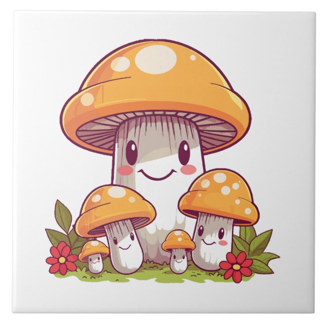 Mushrooms foraging, happy kawaii style ceramic tile (Front)