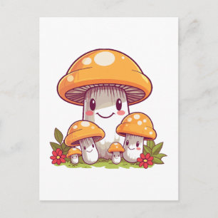 Mushrooms foraging, happy kawaii style postcard