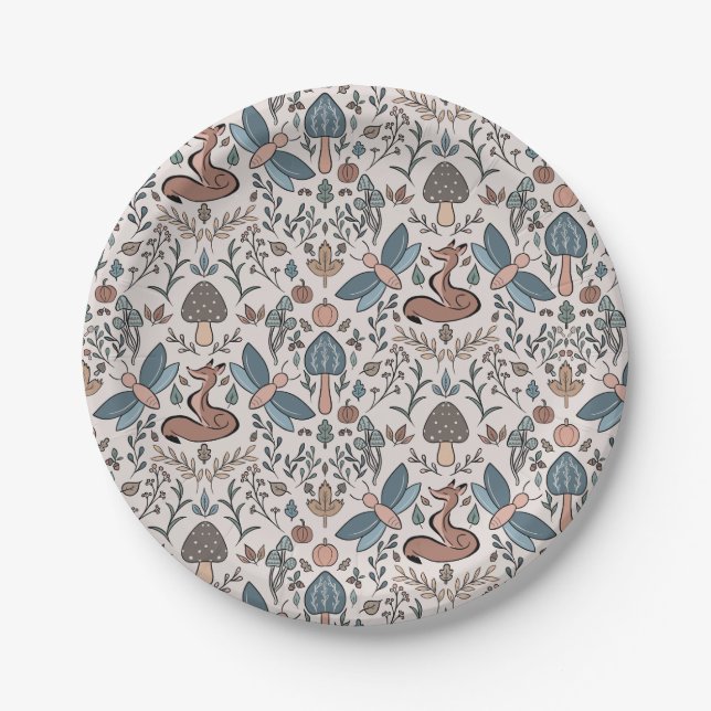 Mushrooms Fox & Dragonfly Cute Autumn Pattern  Paper Plate (Front)
