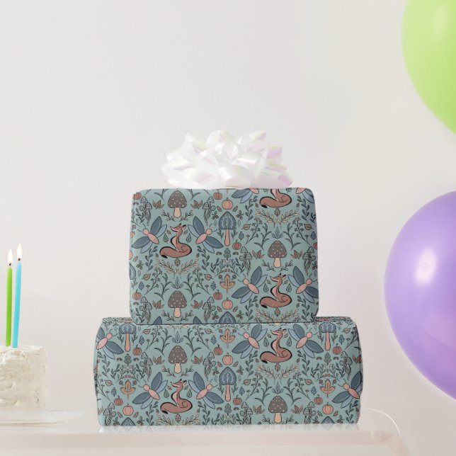 Mushrooms Fox & Dragonfly Cute Autumn Pattern Wrap Wrapping Paper (Party Gifts)
