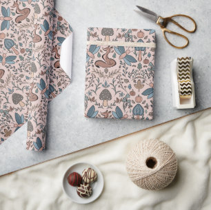 Mushrooms Fox & Dragonfly Cute Autumn Pattern Wrapping Paper