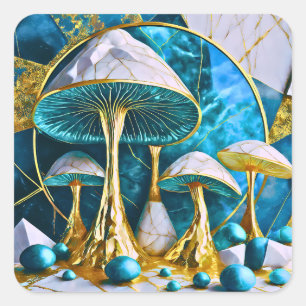 Mushrooms in Blue and Gold Geometric Surreal Square Sticker