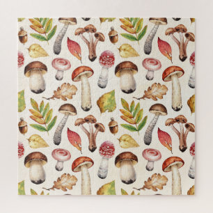 Mushrooms Leaves: Watercolor Illustration Pattern Jigsaw Puzzle