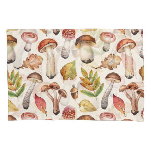 Mushrooms Leaves: Watercolor Illustration Pattern Pillowcase